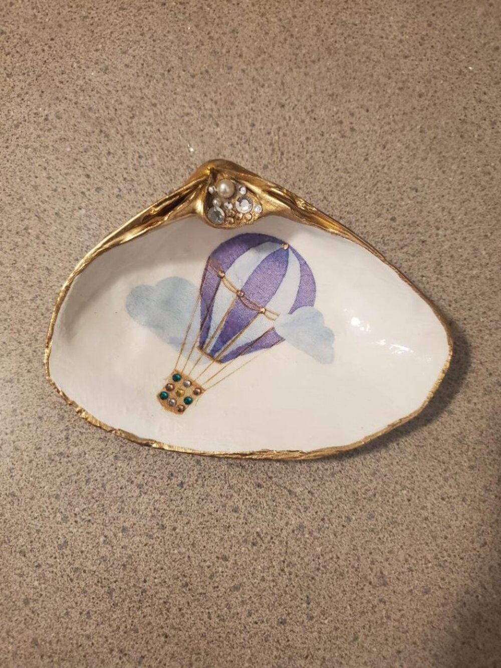 Large Decoupage Shell Hot Air Balloon Gold Leaf Trim Trinket Dish Jewelry Holder